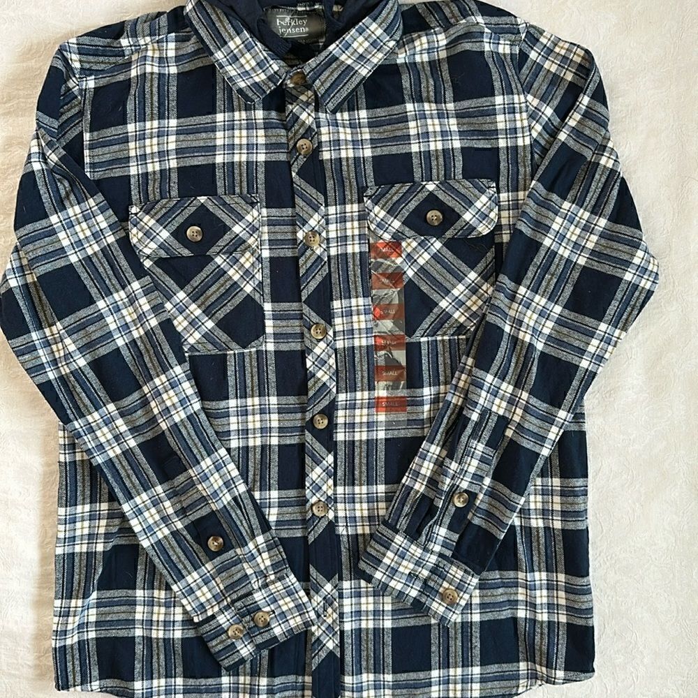 Berkley Jensen Flannel Cotton Plaid Hoodie Button Front Blue Men’s